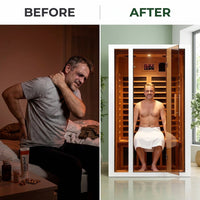 2 Person Extendable FAR Infrared Sauna for Home, Hemlock Wood Low EMF 6 Carbon Heaters Indoor Saunas with LED Lights, Bluetooth Speaker, Digital Control Panel, and Seating Bench — Before & After