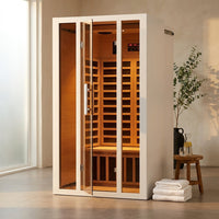 2 Person Extendable FAR Infrared Sauna for Home, Hemlock Wood Low EMF 6 Carbon Heaters Indoor Saunas with LED Lights, Bluetooth Speaker, Digital Control Panel, and Seating Bench — Studio Shot