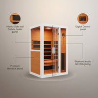 2 Person Extendable FAR Infrared Sauna for Home, Hemlock Wood Low EMF 6 Carbon Heaters Indoor Saunas with LED Lights, Bluetooth Speaker, Digital Control Panel, and Seating Bench — infographic