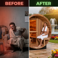 6-Person Patchworkred Cedar Traditional Steam Barrel Sauna — Before & After