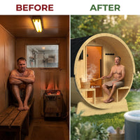 Outdoor Indoor Finland Pine Wet Dry Barrel Sauna 3-5 Person Front Porch Canopy 4.5 Kw ETL Certified Bitumen Shingle Roof — Before & After