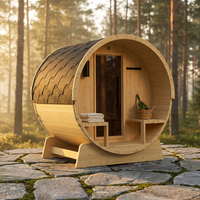 Outdoor Indoor Finland Pine Wet Dry Barrel Sauna 3-5 Person Front Porch Canopy 4.5 Kw ETL Certified Bitumen Shingle Roof — Studio Shot
