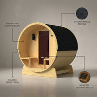 Outdoor Indoor Finland Pine Wet Dry Barrel Sauna 3-5 Person Front Porch Canopy 4.5 Kw ETL Certified Bitumen Shingle Roof — infographic